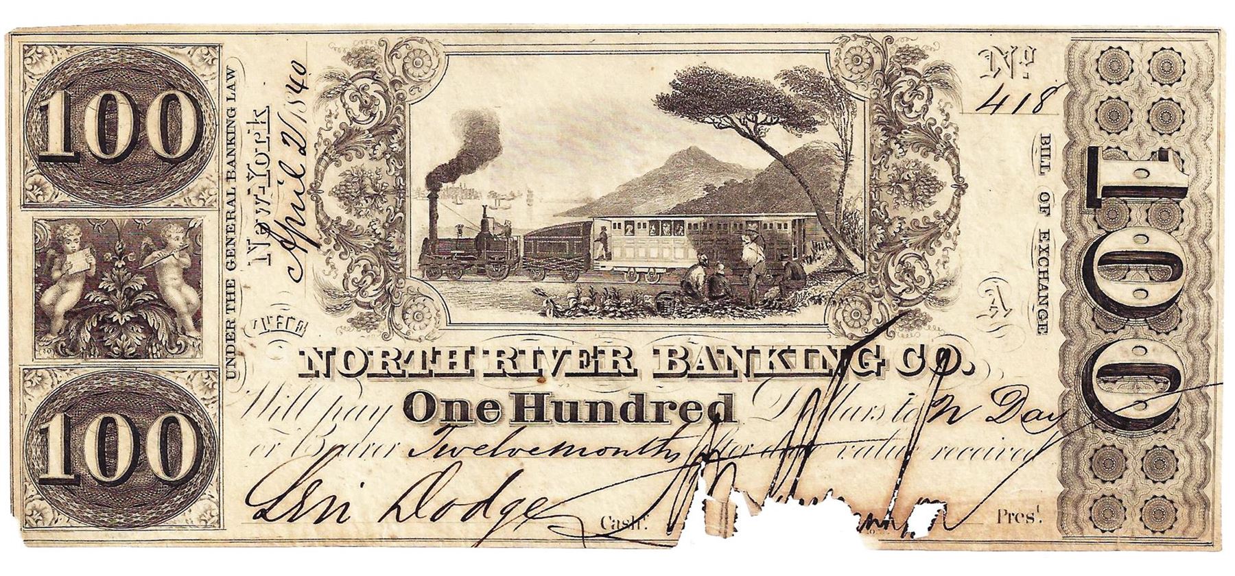 1850 $100 North River Banking Co, NY Obsolete Note