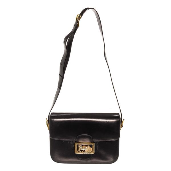Celine Vintage Black Leather Horse Carriage Box Shoulder Bag