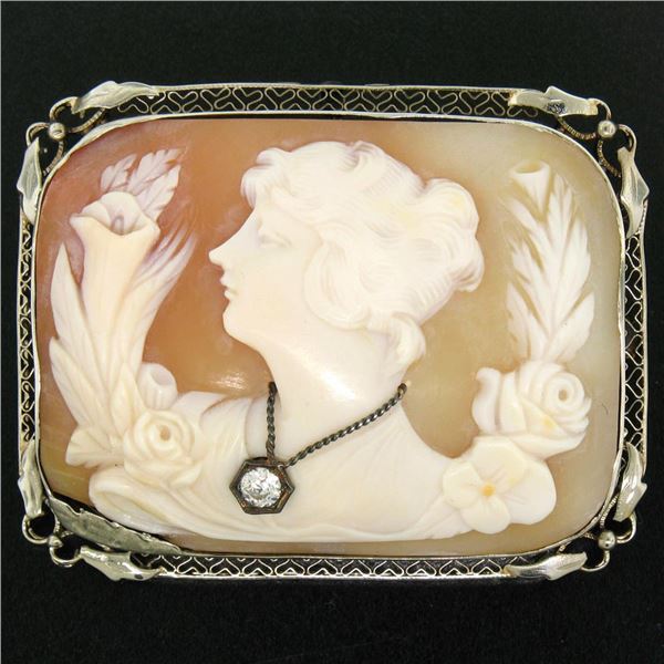 Vintage Unique 14K White Gold.12 ctw Diamond Carved Shell Cameo Brooch Pendant