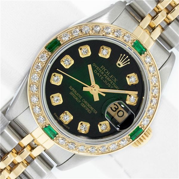 Rolex Ladies Two Tone Green Vignette Diamond & Emerald Datejust Wristwatch