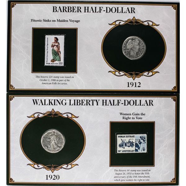 Lot of 1912 Barber & 1920 Waking Liberty Half Dollar Coins and Stamp Panels