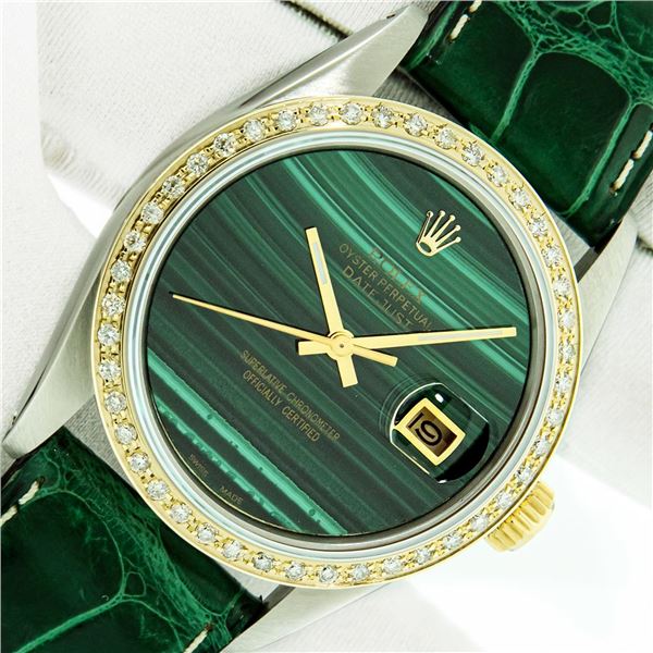 Rolex Men's Two Tone Green Malachite Diamond Datejust Wristwatch
