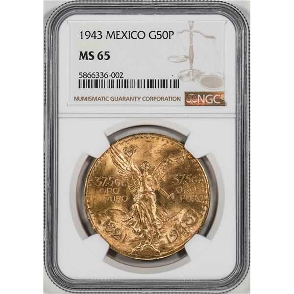 1943 Mexico 50 Pesos Gold Coin NGC MS65