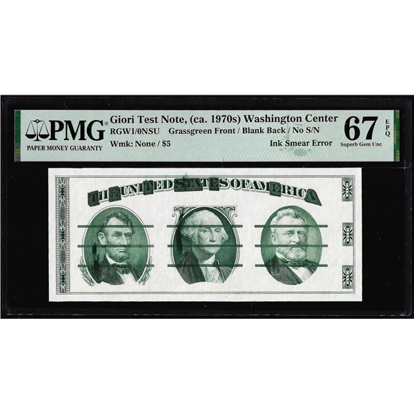 ca. 1970's Washington Center Giori Test Ink Smear Error Note PMG Superb Gem Unc. 67EPQ