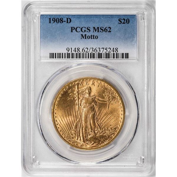 1908-D Motto $20 St Gaudens Double Eagle Gold Coin PCGS MS62