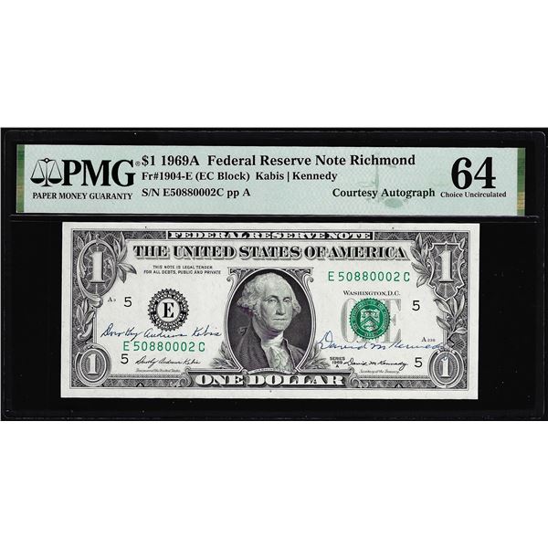 1969A $1 Federal Reserve Note PMG Choice Uncirculated 64 Dual Courtesy Autograph