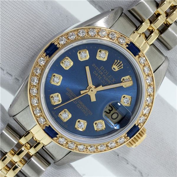 Rolex Ladies Two Tone Blue Diamond & Sapphire Datejust Wristwatch