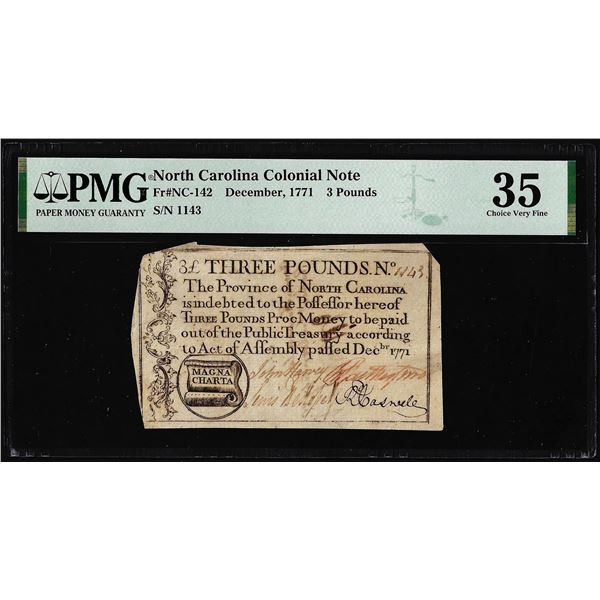 1771 North Carolina 3 Pounds Colonial Note NC-142 PMG Choice Very Fine 35 Magna Charta