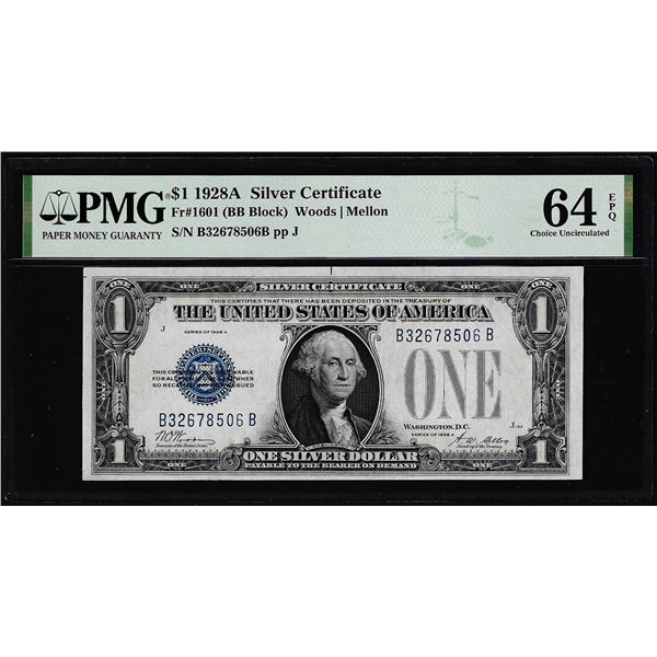 1928A $1 Funnyback Silver Certificate Note Fr.1601 PMG Choice Uncirculated 64EPQ