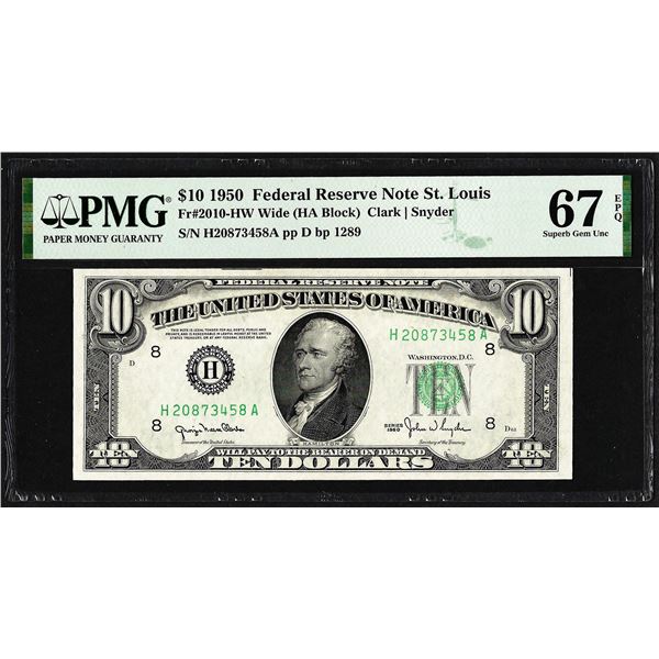 1950 $10 Federal Reserve Note St. Louis Fr.2010-HW PMG Superb Gem Uncirculated 67EPQ