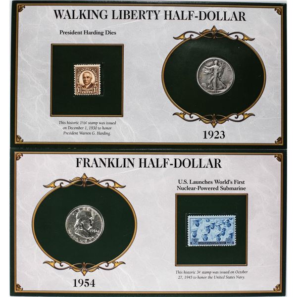 Lot of 1923-S Walking Liberty & 1954 Franklin Half Dollar Coins and Stamp Panels