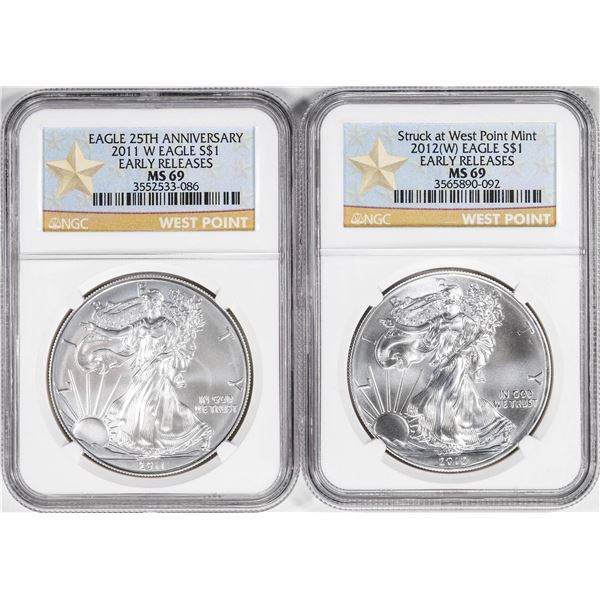 Lot of 2011-W & 2012-(W) $1 American Silver Eagle Coins NGC MS69 Early Releases