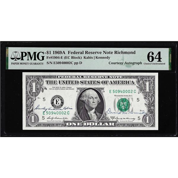 1969A $1 Federal Reserve Note PMG Choice Uncirculated 64 Dual Courtesy Autograph