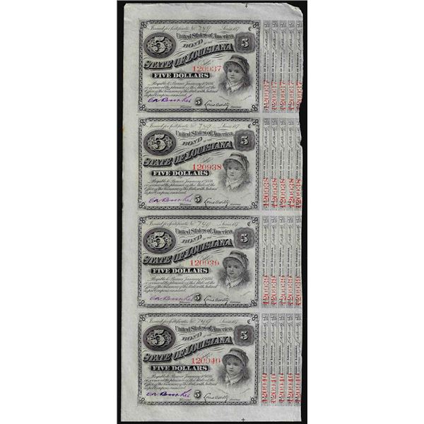 Uncut Sheet of (4) State of Louisiana Baby Bond Obsolete Notes