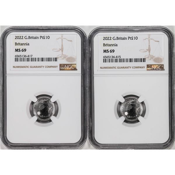 Lot of (2) 2022 Great Britain 10 Pounds Britannia 1/10oz Platinum Coins NGC MS69
