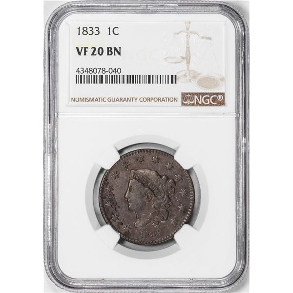 1833 Coronet Head Large Cent Coin NGC VF20BN