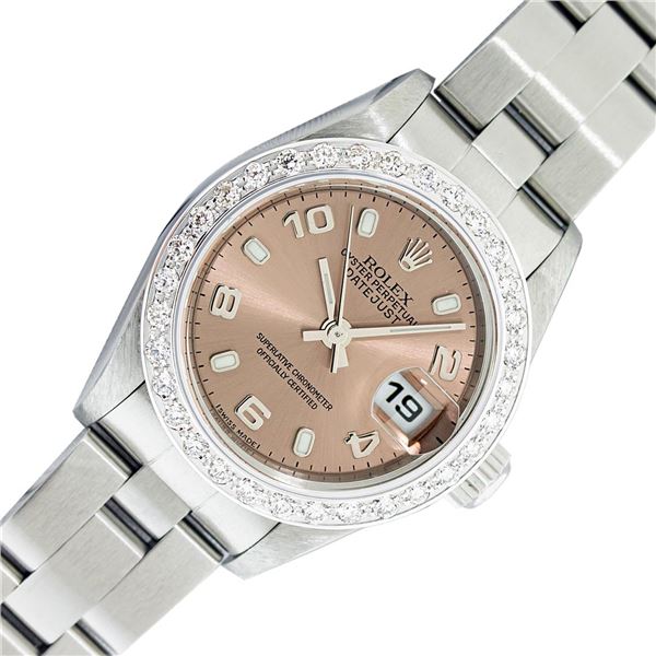 Rolex Ladies Stainless Steel Salmon Diamond Datejust Wristwatch