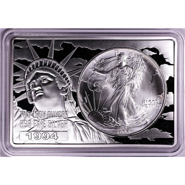 1994 $1 American Silver Eagle Coin & 2oz Silver Bar Set