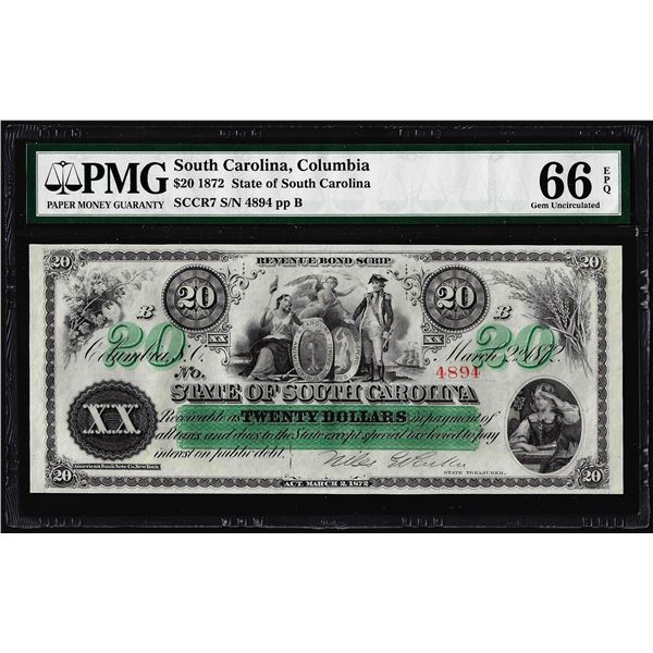 1872 $20 State of South Carolina Obsolete Note PMG Gem Uncirculated 66EPQ