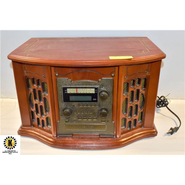 WOOD MUSIC CENTER W/ RECORD, CD & CASSET SLOTS