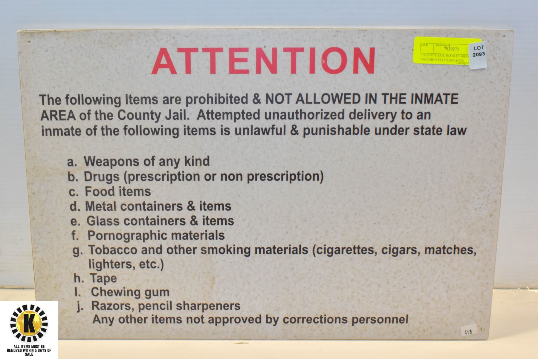 COUNTY JAIL INMATE AREA PROHIBITED ITEMS SIGN