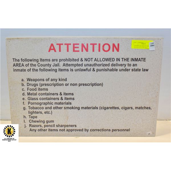 COUNTY JAIL INMATE AREA PROHIBITED ITEMS SIGN