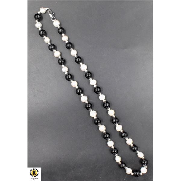 #150-NATURAL FRESH WATER PEARL+BLACK AGATE