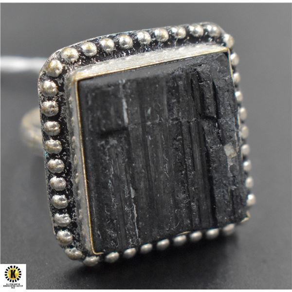 #398-NATURAL BLACK TOURMALINE (RAW) RING SIZE 8