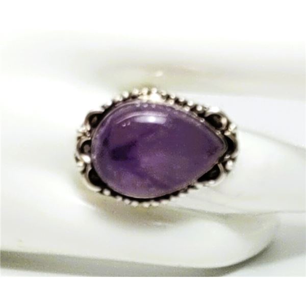 16)  PEAR SHAPED NATURAL AMETHYST SIZE 9 RING,