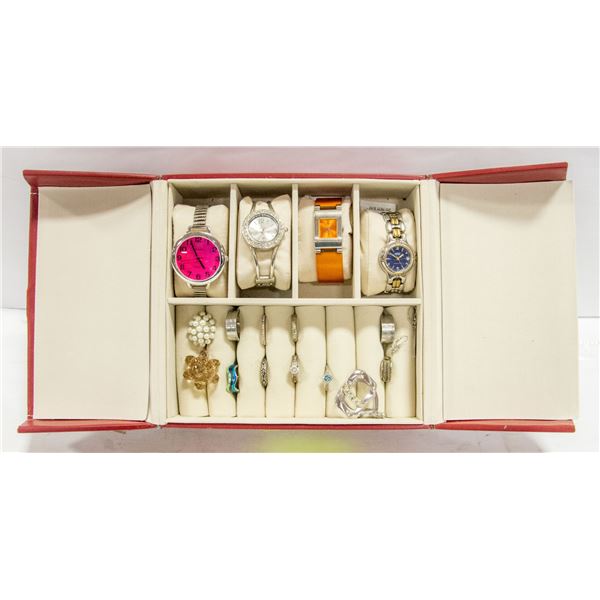 ESTATE JEWELRY BOX OF WATCHES & RINGS