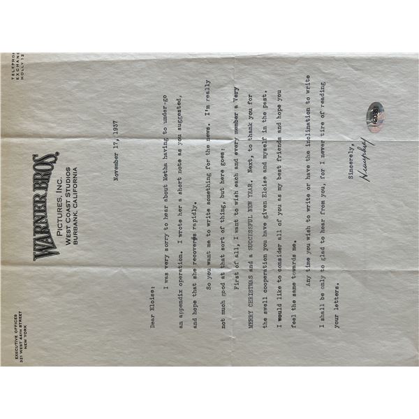 Warner Brothers Humphrey Bogart signed letter. ACE authenticated