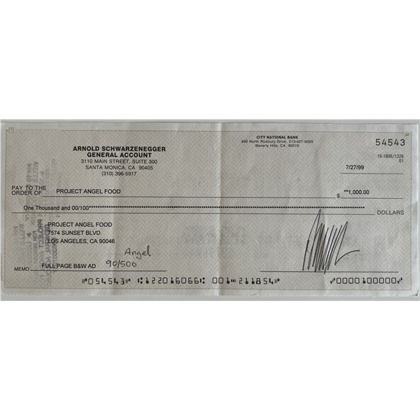 Arnold Schwarzenegger signed check. GFA authenticated