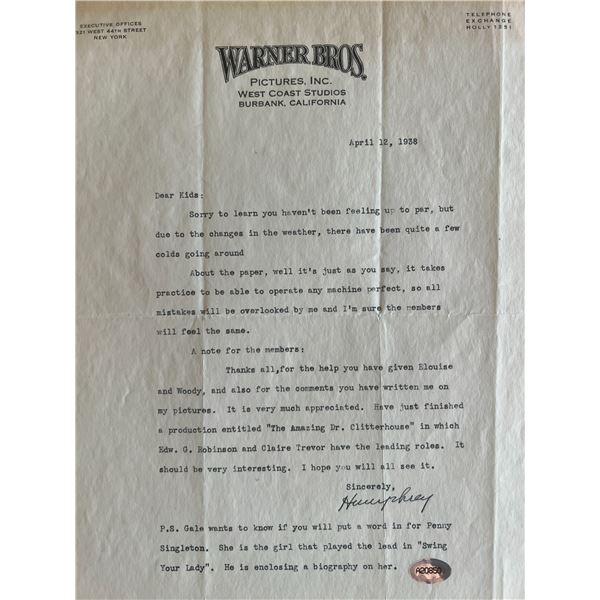 Warner Brothers Humphrey Bogart signed letter. ACE authenticated