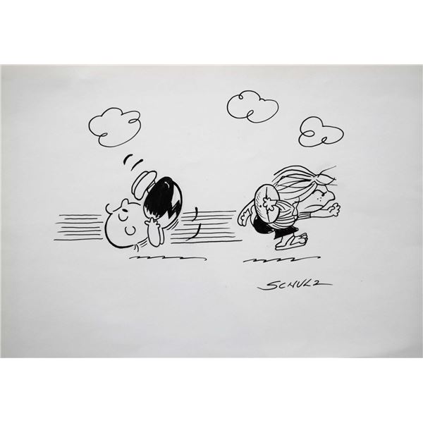 Charles Schulz drawn and signed Peanuts sketch drawing