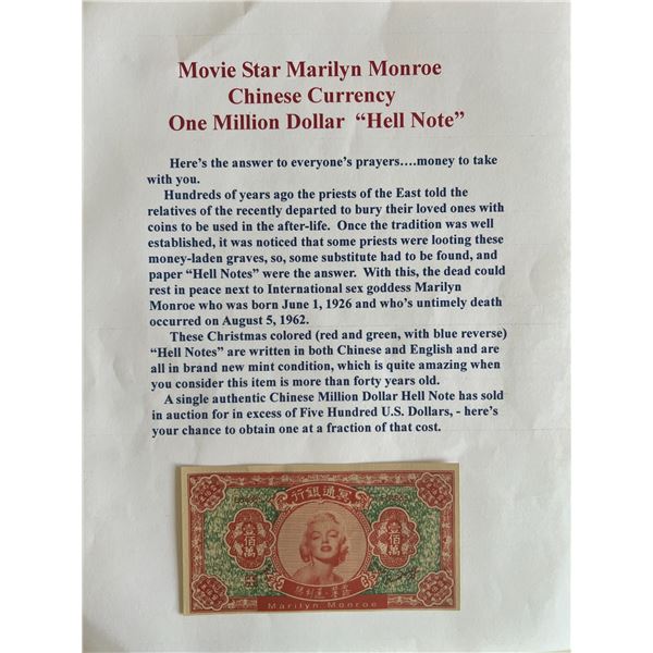 Marilyn Monroe Authentic Chinese Hell Note