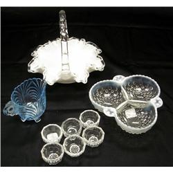 Fenton Silver crest Basket, 6 Salts, Blue Caprice Creamer, Opalescent Divided Dish