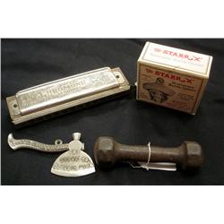 Cast Iron Knife Rest, Hohner Harmonica, Advertising Axe, Bottle Opener