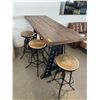 Image 1 : Cast iron + wood bar table (70in x 28in) & 5 crank adjustable stools