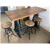 Image 2 : Cast iron + wood bar table (70in x 28in) & 5 crank adjustable stools