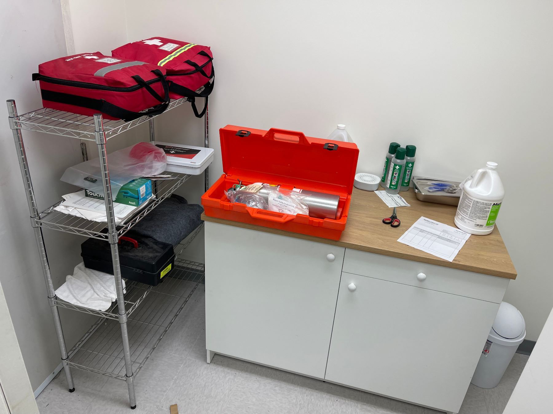 First Aid room contents - includes First Aid kits/ small shelving rack ...
