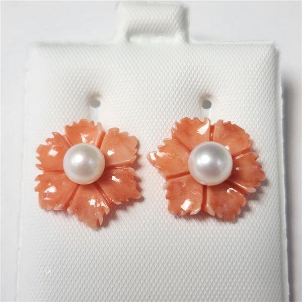 14K Yellow Gold Fresh Water Pearl & Poly Coral 2In1 Earrings, Made in Canada, Suggested Retail Value