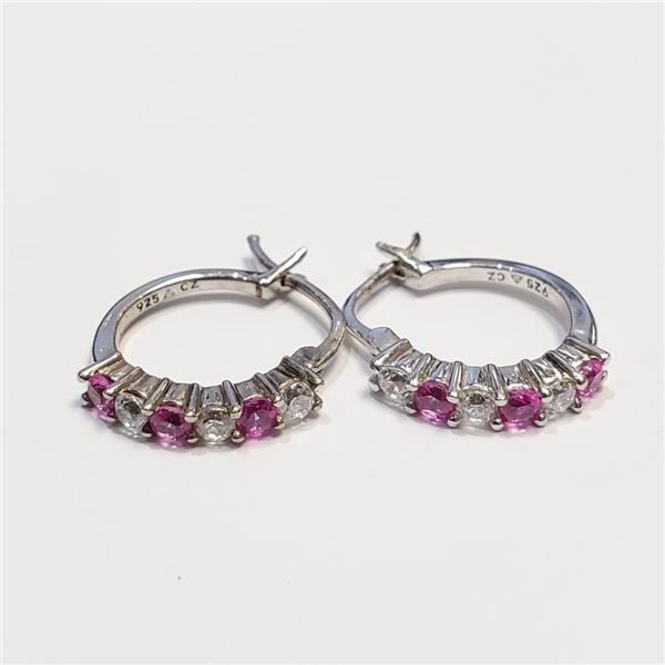 Silver Created Pink Sapphire Earrings (~Size 0) (~length 0 inches), Suggested Retail Value $50