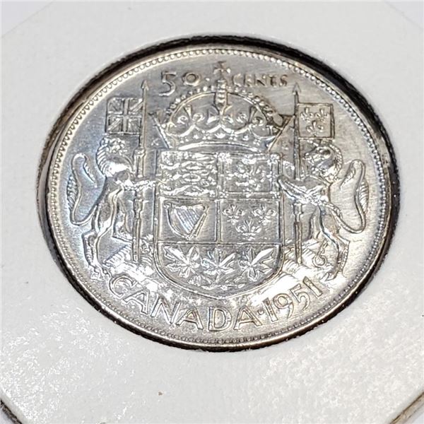 Silver Canadian 50 Cents 1951 Coin (~Size 0) (~length 0 inches) (~weight 11.5g), Suggested Retail Va