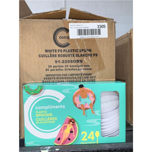 CASE LOT - Compliments White Plastic Spoons 24 Boxes of 24 Spoons