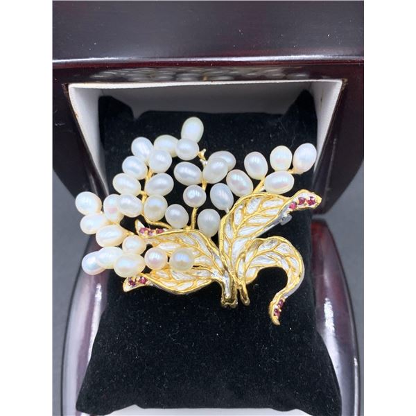 Natural Pearl & Garnet Ladies Broach pin .925 Silver with 22.26 carats of gems & pearls - with certi