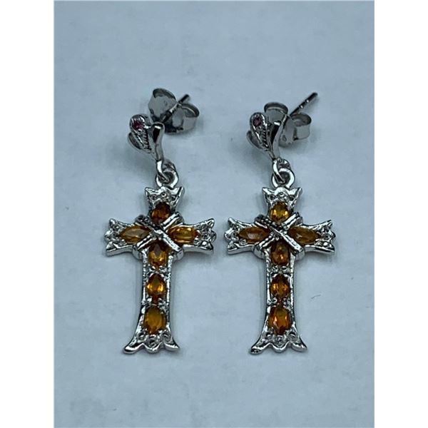 Golden Garnet marquis Cut 6,58 carat Silver Cross Earring Set - with certificate valued at $950.00