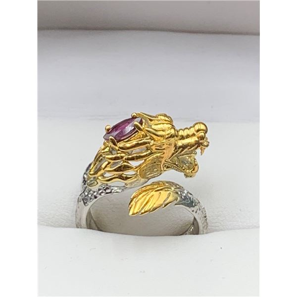 Ladies Crafted .925 Silver Dragon Ring with 1.00 Carat Garnet Marquis Cut Solitaire - with certifica