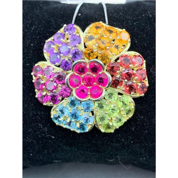 Multi Gemstone 10.42 Amethyst, Topaz & Sapphire Floral Pendant & Chain Set with certificate valued a