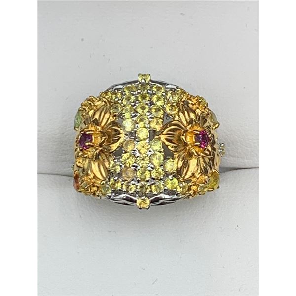 Round Cut 12.45 Carat Sapphire & Garnet .925  Silver Cluster Ring - with certificate valued at $1600