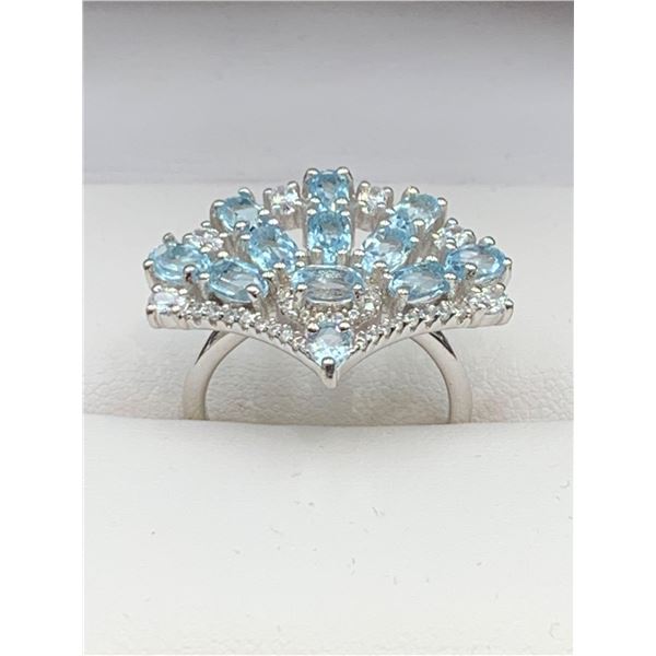 Blue Topaz 11.85 Carat Oval Cut Cluster Stones .925 Silver ladies Ring - with certificate valued at 